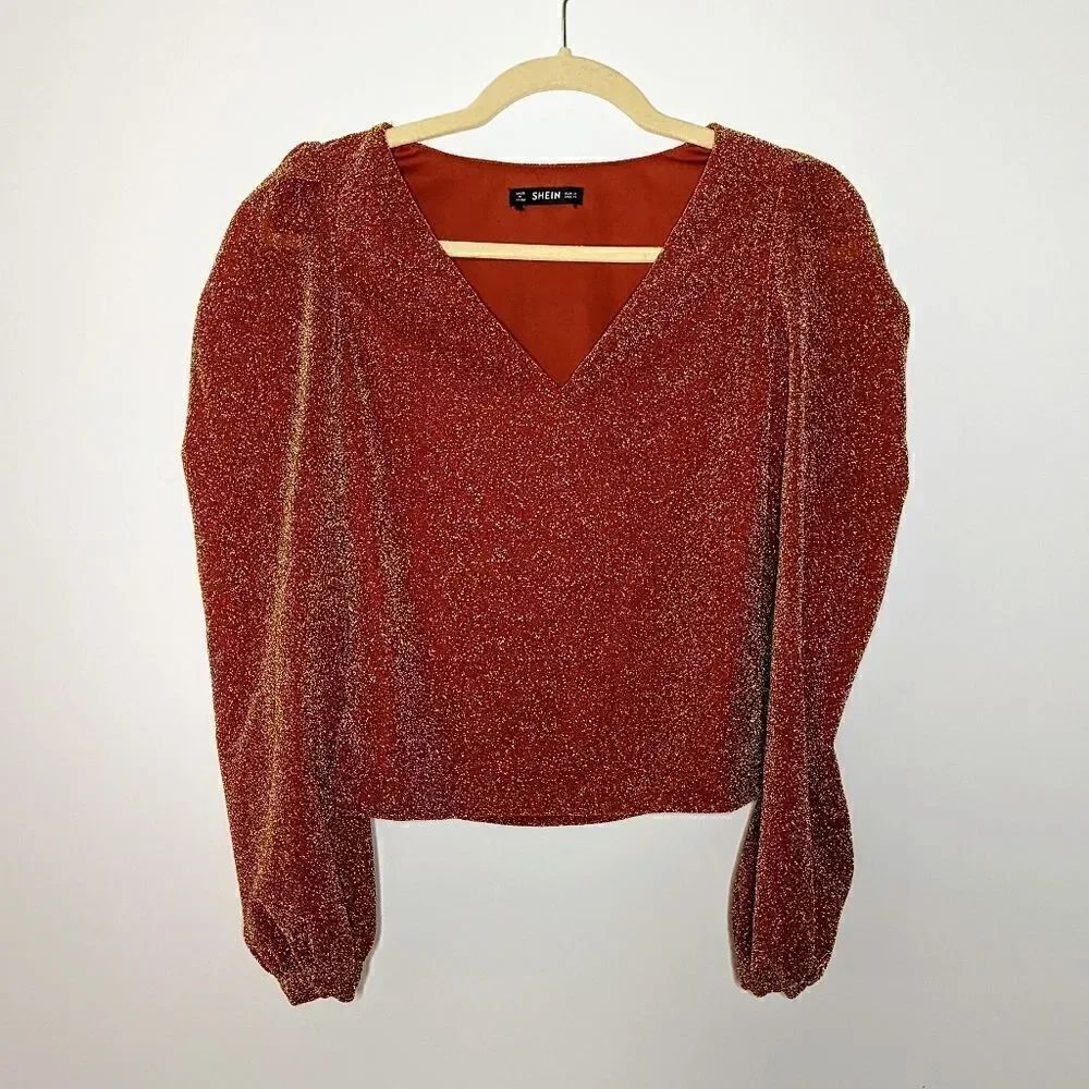 Women's SHEIN Long Sleeve Blouse Orange Gold Shimmer Top Puff Sleeves XS V Neck